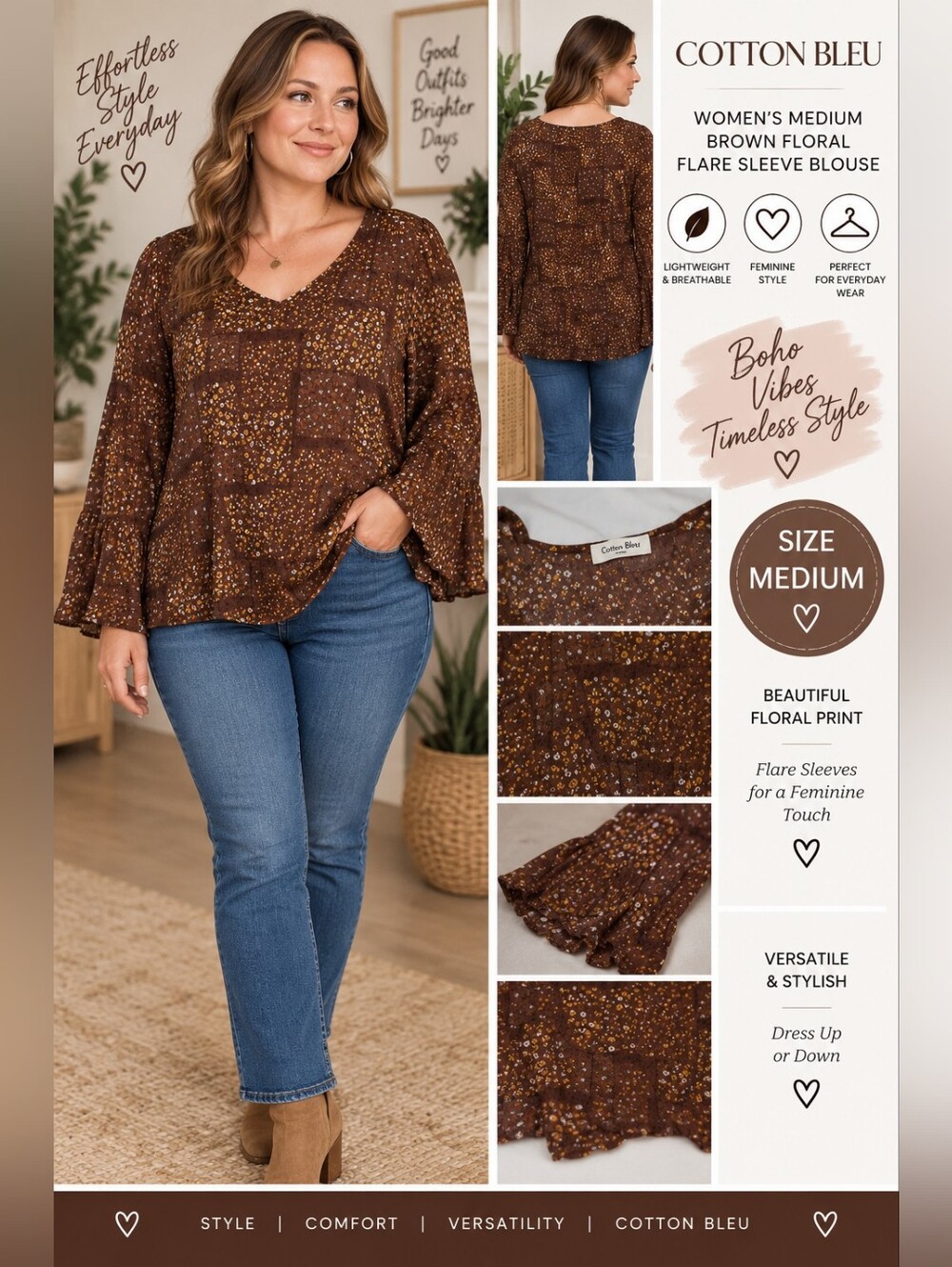 Cotton bleu women's medium brown floral flare sleeve blouse #30